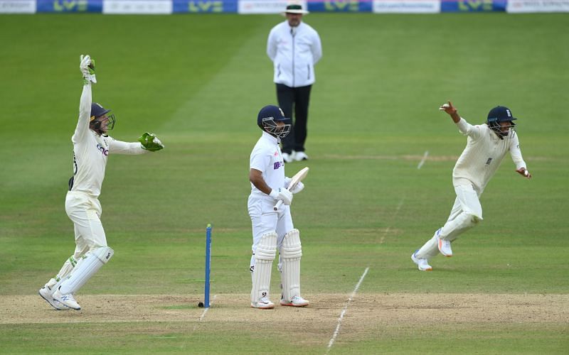 Ajinkya Rahane nicked Moeen Ali to Jos Buttler behind the stumps