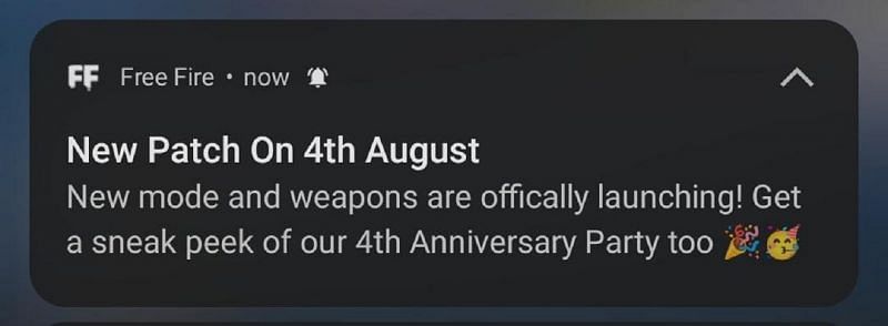 A notification revealing the release date of the Free Fire patch