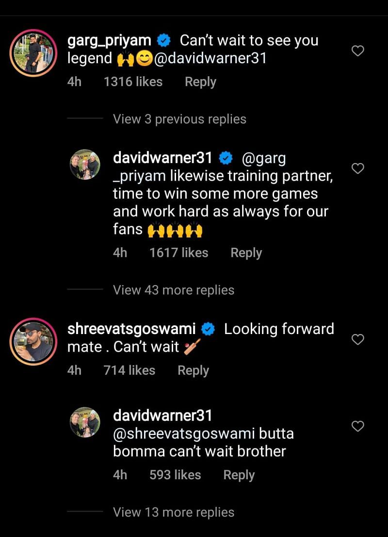 David Warner interacted with Shreevats Goswami and Priyam Garg in the comments box of his latest Instagram post.