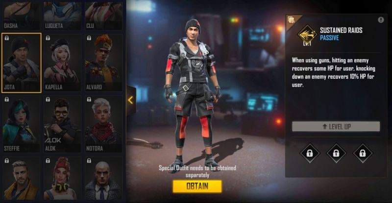 Jota&#039;s ability is called Sustained Raids (Image via Free Fire)