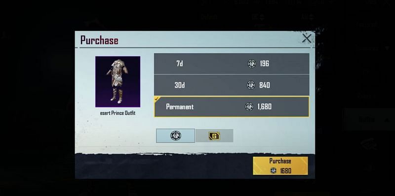 Prices for the Desert Prince outfit (Image via Krafton)