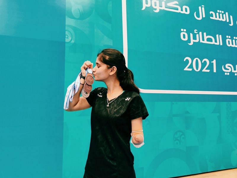 Palak Kohli with her medals at the 2021 Dubai Para Badminton International