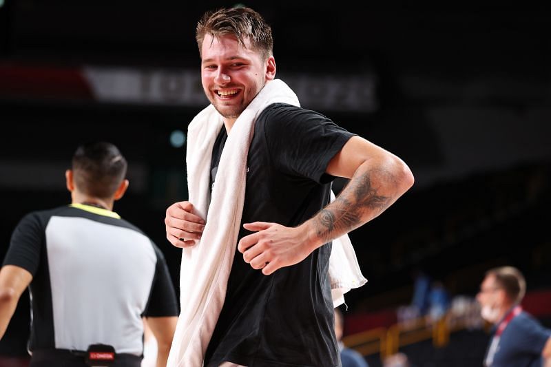 Luka Doncic of Slovenia celebrates at the 2021 Olympics