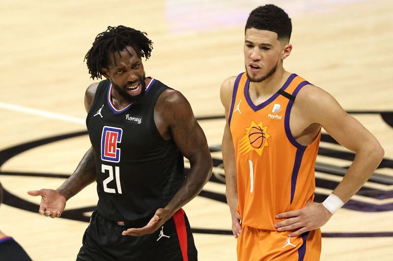 Patrick Beverley (#21) reacts against Devin Booker (#1)
