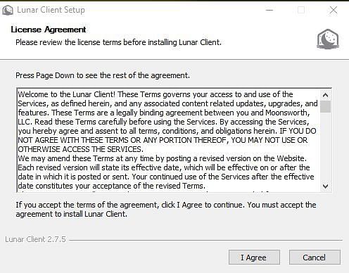 The Lunar Client terms of service must be agreed to for proceeding