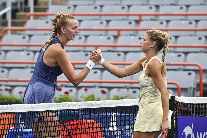 Petra Kvitova (L) after losing to Camila Giorgi in the third round of the National Bank Open.