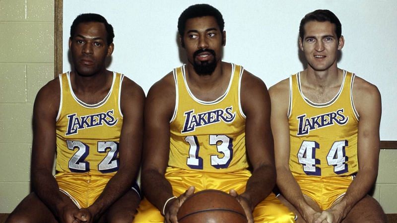 (from left to right) Elgin Baylor, Wilt Chamberlain and Jerry West of the LA Lakers [Source: Yardbarker.com]