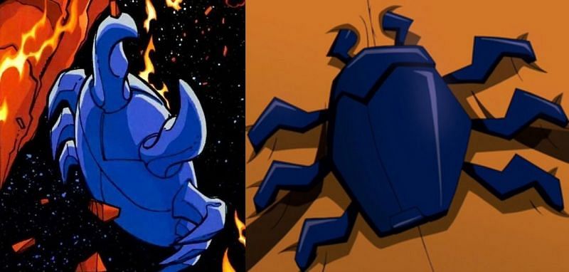 The Scarab (Blue Beetle) in the comics, and in the &quot;Young Justice&quot; show. (Image via: DC Comics, and Warner Bros.)