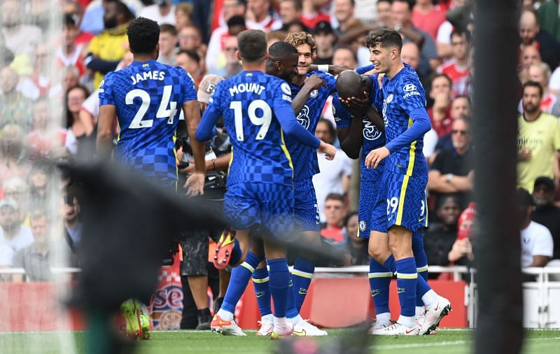 Romelu Lukaku celebrates with his teammates after scoring his first goal since signing for the Blues.