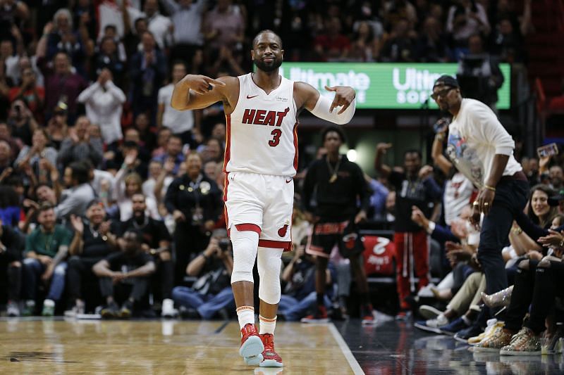 Dwyane Wade (#3) reacts after hitting a three pointer.