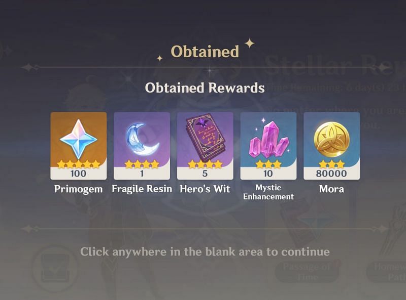 Stellar Reunion rewards (image via Genshin Impact)