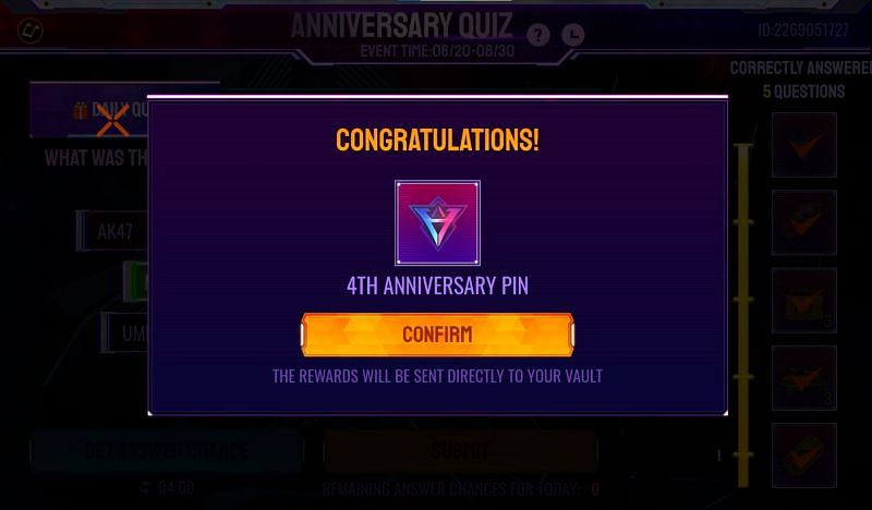 The 4th Anniversary Pin is the reward for answering five questions (Image via Free Fire)