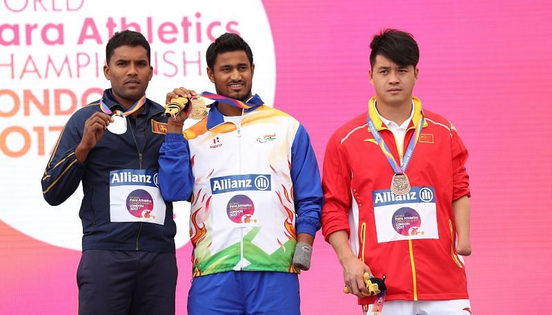 Sundar Singh Gurjar (C) at the IPC World ParaAthletics Championships 2017 London