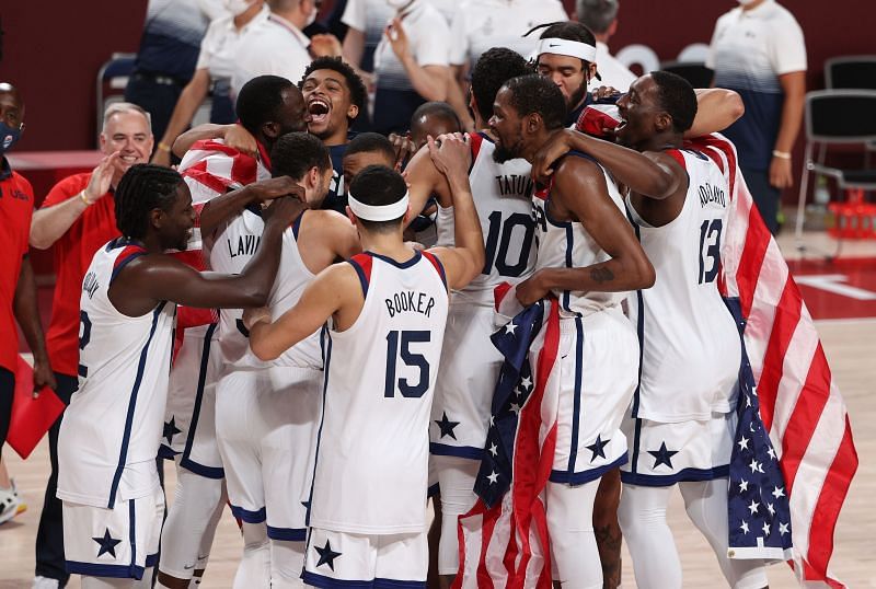 Team USA celebrate after their win over France in the final at the Tokyo Olympics