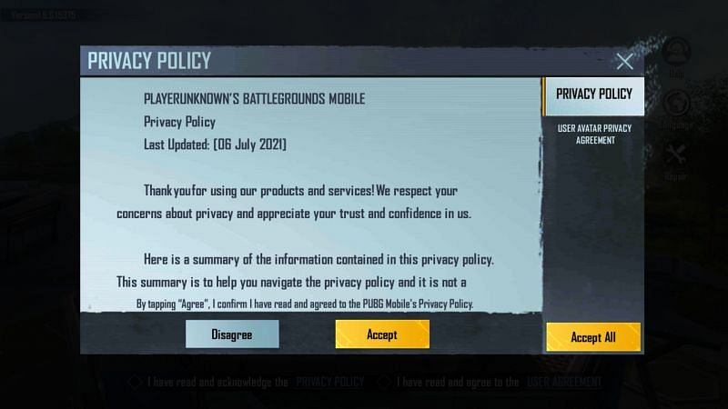 Read and accept the privacy policy (Image PUBG Mobile)