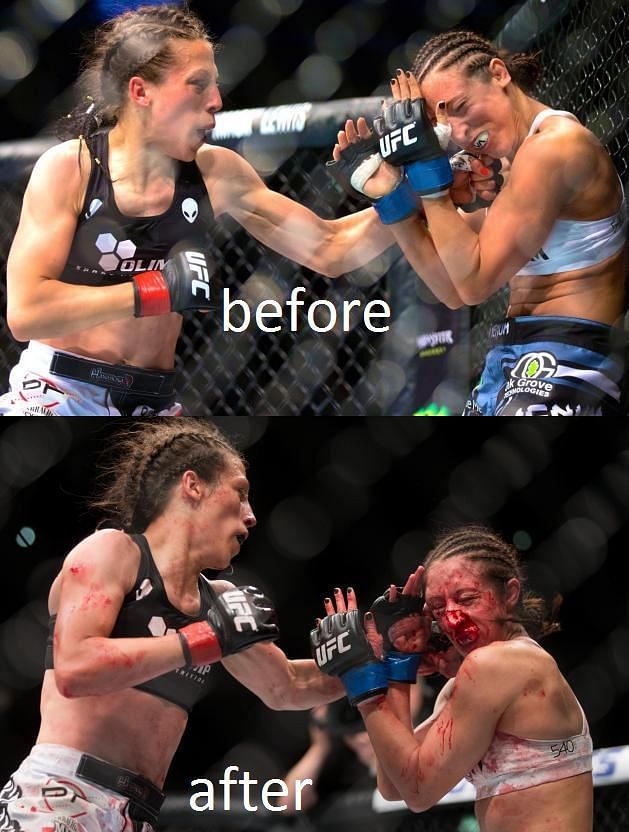 Jessica Penne before and after nose break at UFC Berlin
