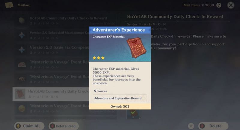 Adventurer&#039;s Experience from daily check-in (image via Genshin Impact)