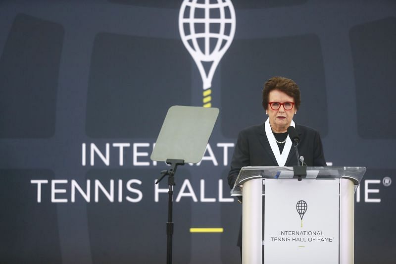 Billie Jean King at the International Tennis Hall of Fame on July 17, 2021 in Newport, Rhode Island.
