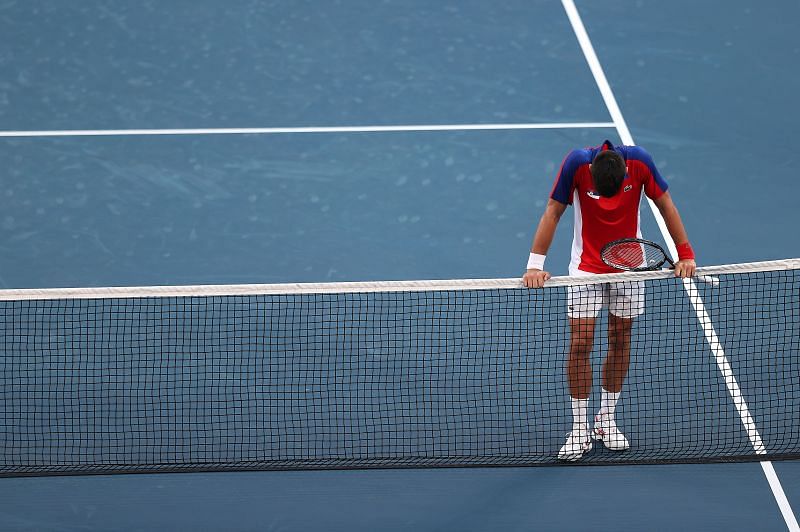 Novak Djokovic after his loss to Pablo Carreno Busta at the Tokyo Olympics