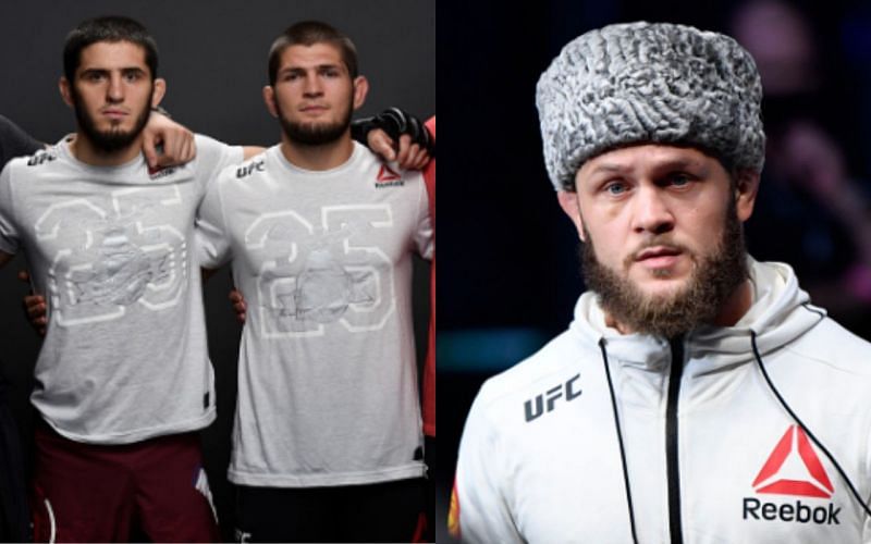 Islam Makhachev (left); Khabib Nurmagomedov (center); Rafael Fiziev (right)