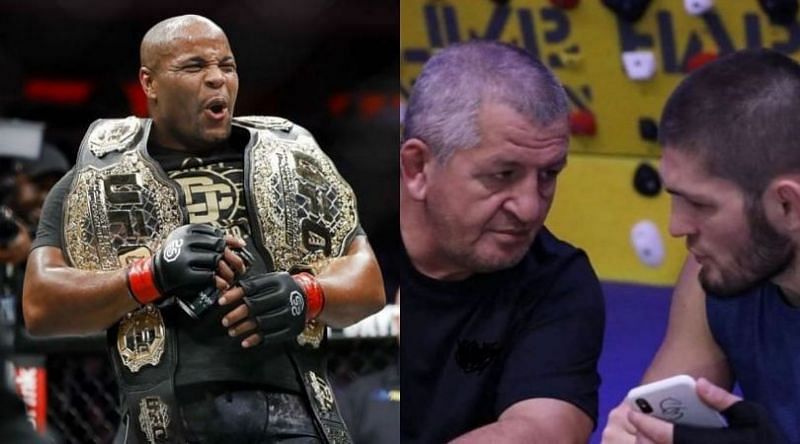 Daniel Cormier (left), Abdulmanap (center) and Khabib Nurmagomedov (right)