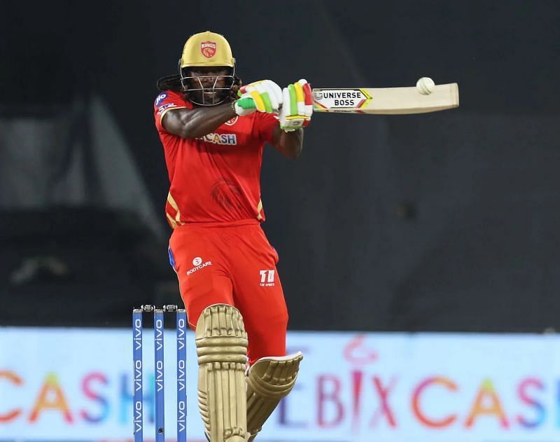 Chris Gayle prepares to launch one during IPL 2021. (Pic: IPLT20.COM)