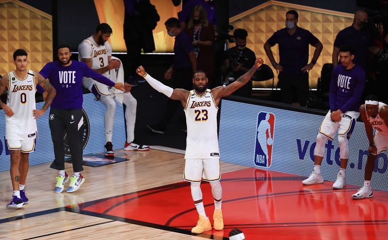 LeBron James #23 of the LA Lakers reacts after winning the 2020 NBA championship.