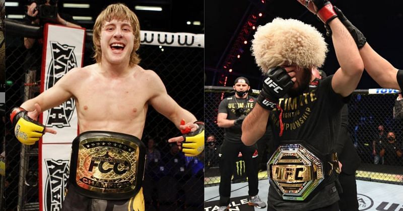 Paddy Pimblett (left), Khabib Nurmagomedov (right) [Courtesy: @paddy_the_baddy_pimblett via Instagram, @BBCSport on Twitter]