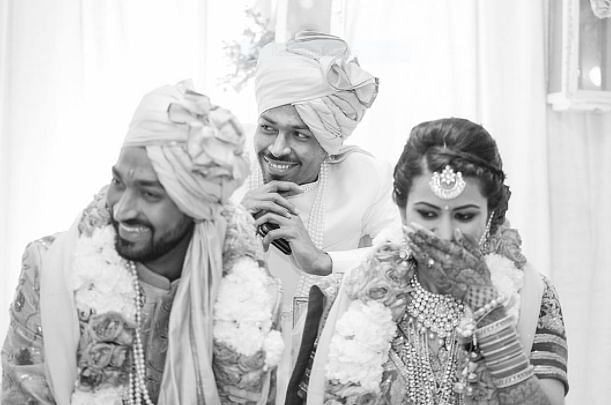Wedding Photo of Hardik pandya&#039;s brother Krunal Pandya and Pankhuri sharma with Hardik Pandya