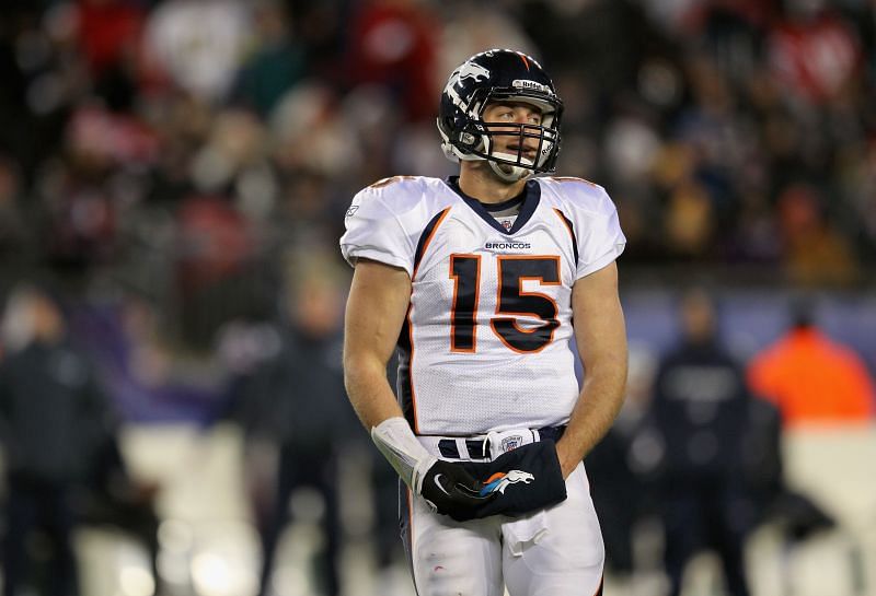 Tebow during the playoff loss to the Patriots in the Divisional Round of the 2011 playoffs