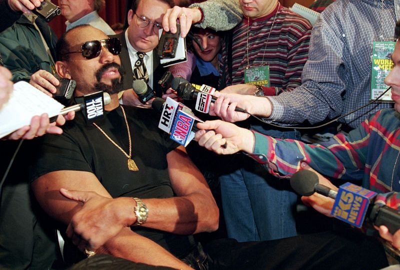 Wilt Chamberlain addresses the media at a press conference