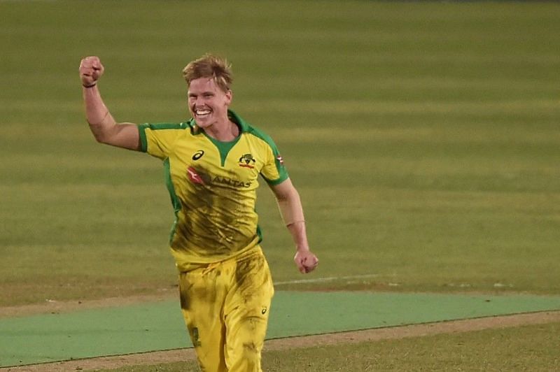 Nathan Ellis celebrating his hat-trick against Bangladesh.