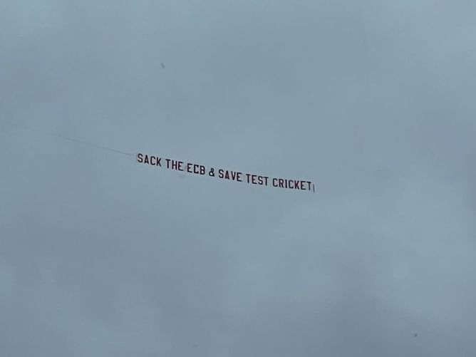 Plane with the message "SACK THE ECB & SAVE TEST CRICKET" flies over Leeds stadium as England and India sweat it out down below