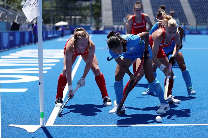 India&#039;s Monika Malik involved in a tackle against Great Britain