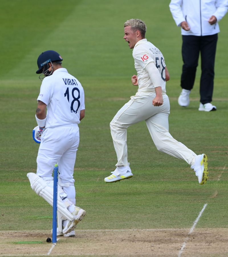 Sam Curran celebrates the wicket of Virat Kohli in the second Test.