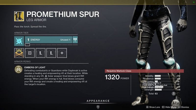 Prometheus Spur exotic leg armor for Warlocks (Image via Bungie)