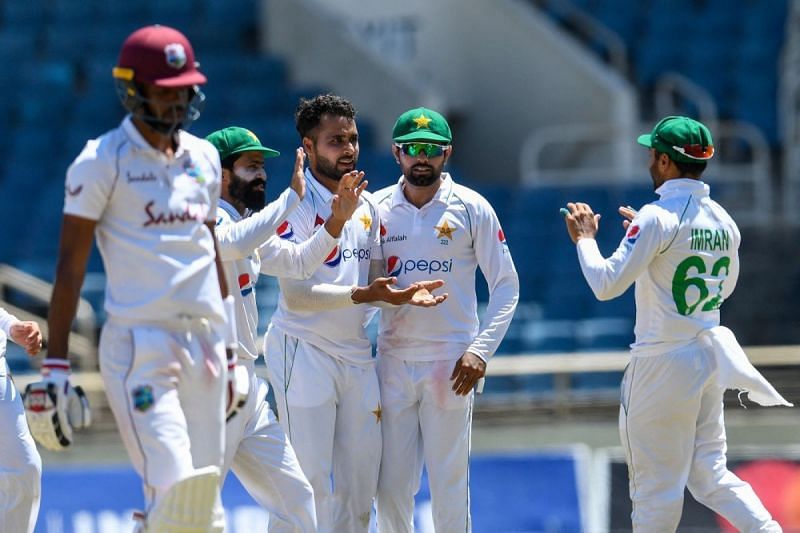 Pakistan players celebrating a wicket in the 1st Test match against West Indies in Jamaica, 2021 &copy; AFP/Getty Images