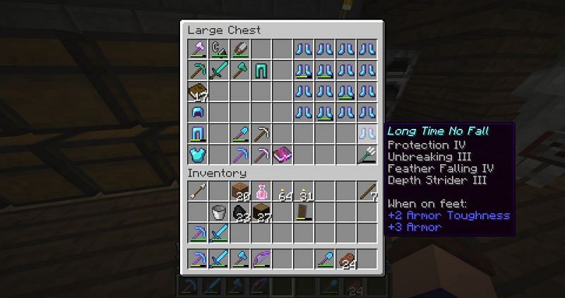 Feather Falling IV enchantment applied to boots (Image via Minecraft)