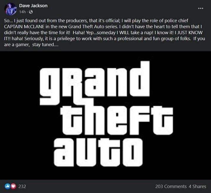 Jackson&#039;s now deleted Facebook post confirming his role in the GTA franchise (Image via Dave Jackson, Facebook)