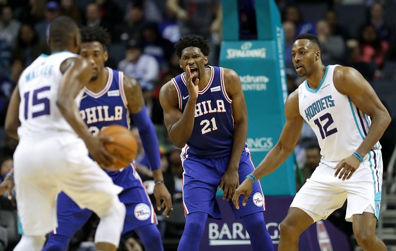 Joel Embiid #21 of the Philadelphia 76ers reacts against the Charlotte Hornets