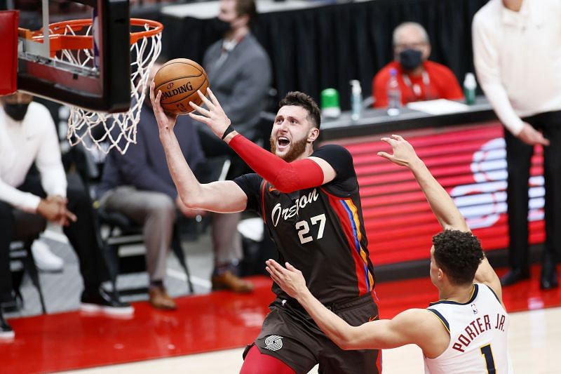 Jusuf Nurkic (#27) shoots against Michael Porter Jr. (#1).