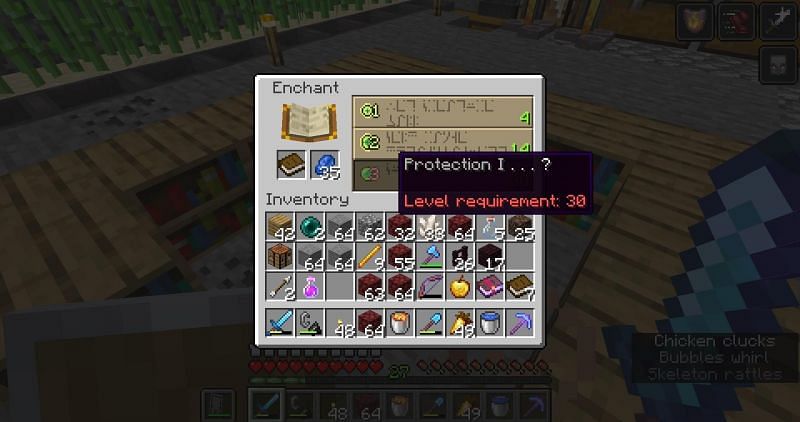 Protection I enchantment on an enchanting table (Image via Minecraft)