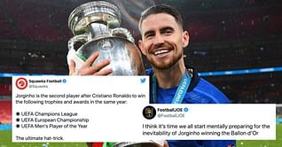 Twitter erupts as Jorginho claims the UEFA Men's Player of the Year award