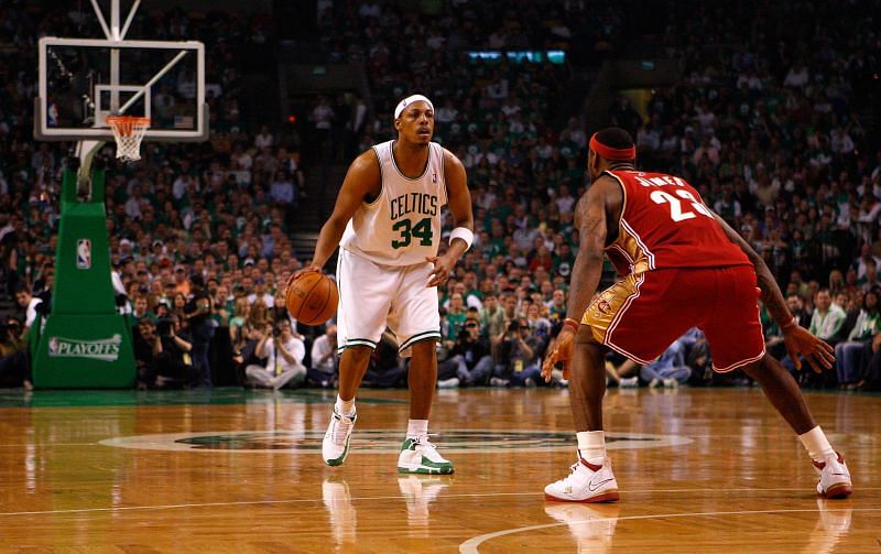Paul Pierce #34 of the Boston Celtics looks to move the ball against LeBron James #23 of the Cleveland Cavaliers