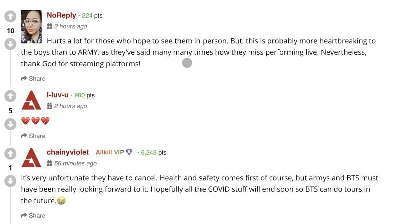 A screenshot of comments from fans about cancellation of BTS world tour (Image via AllkPop)