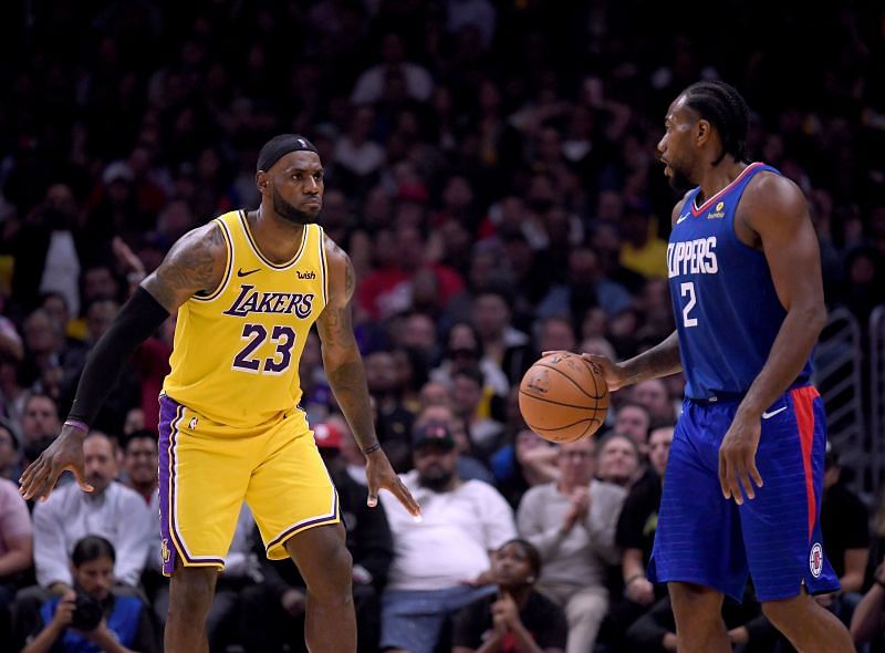 LeBron James of the Los Angeles Lakers against Kawhi Leonard of the Los Angeles Clippers