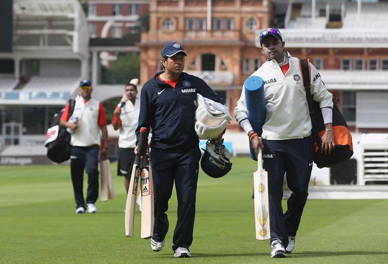 Sreesanth (right) with Sachin Tendulkar during India&#039;s tour of England in 2011