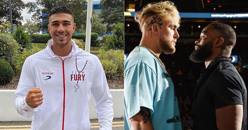 Tommy Fury (left) and Jake Paul &amp; Tyron Woodley (right) [Image credits: @jakepaul and @tommyfury on Instagram]