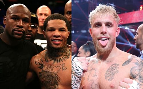 Floyd Mayweather Jr. (left); Gervonta Davis (center); Jake Paul (right)