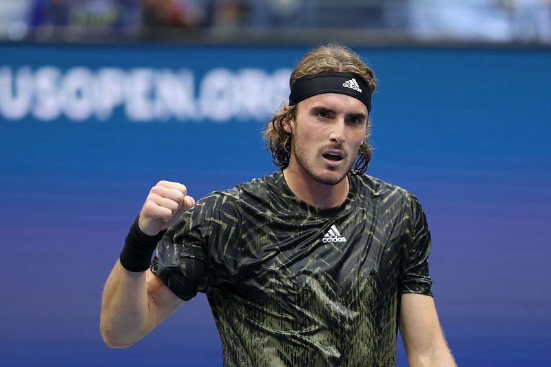 Stefanos Tsitsipas pumps his fist during the first round of the 2021 US Open